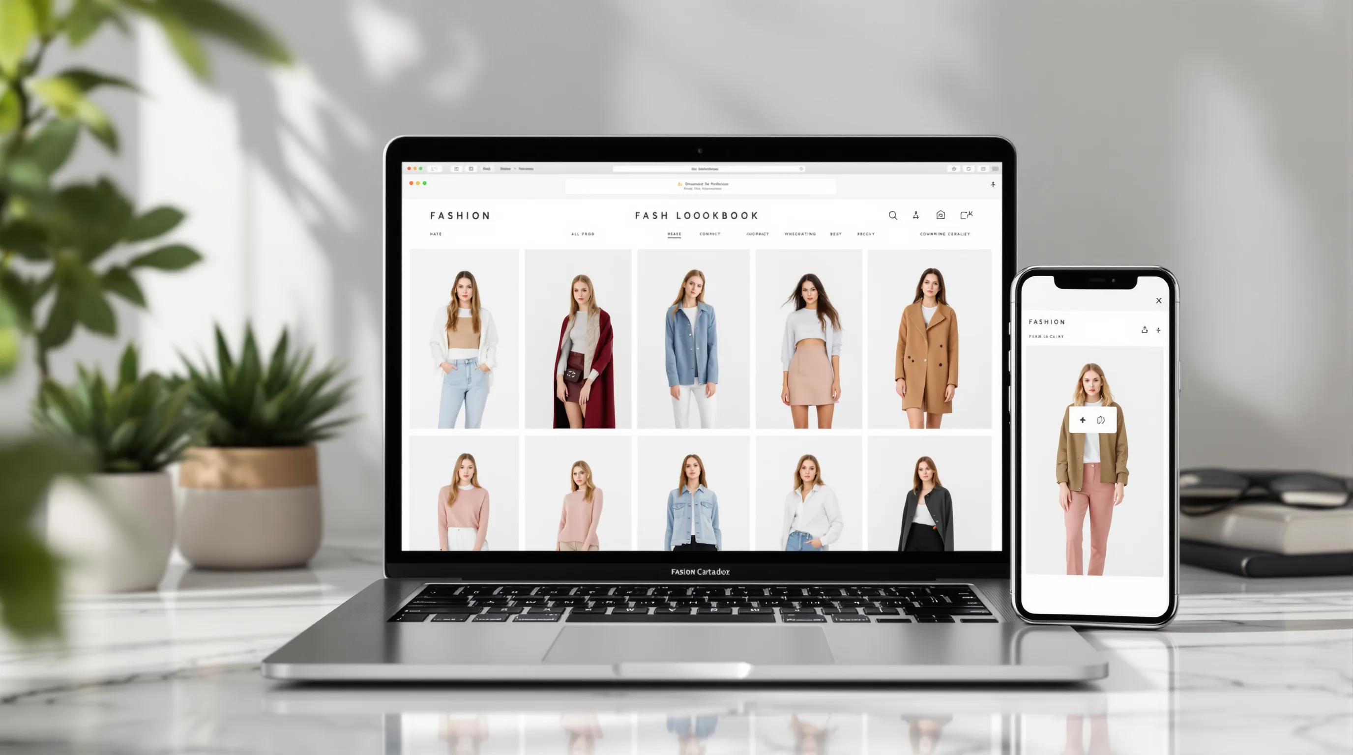 Passo 3 do VesteGO: lookbook profissional gerado com modelo vestindo a roupa em múltiplos ângulos